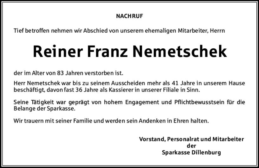  Traueranzeige für Reiner Franz Nemetschek vom 30.03.2024 aus Dill Block