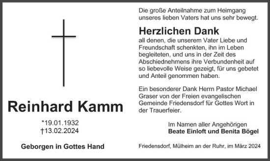 Traueranzeige von Reinhard Kamm von Hinterländer Anzeiger