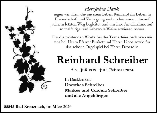 Traueranzeige von Reinhard Schreiber von Allgemeine Zeitung Bad Kreuznach