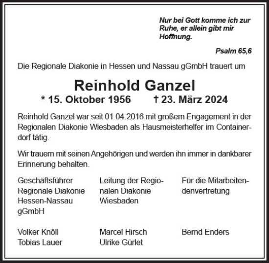 Traueranzeige von Reinhold Ganzel von Wiesbadener Kurier