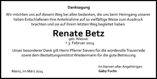 Traueranzeige von Renate Betz von Allgemeine Zeitung Mainz