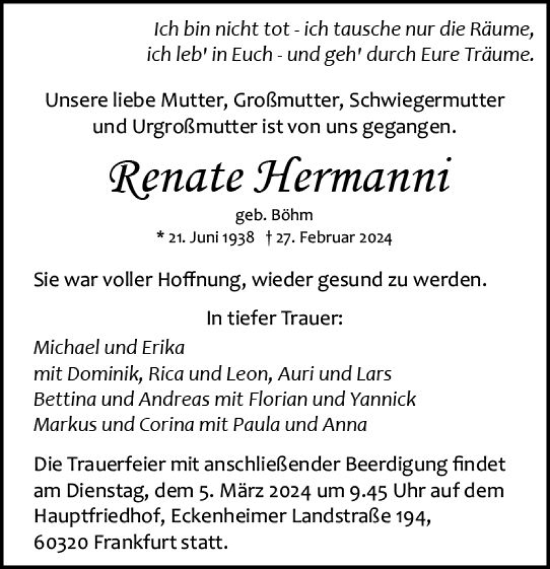 Traueranzeige von Renate Hermanni von Allgemeine Zeitung Mainz