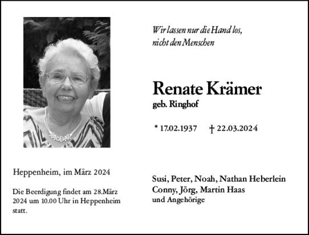  Traueranzeige für Renate Krämer vom 27.03.2024 aus Darmstädter Echo