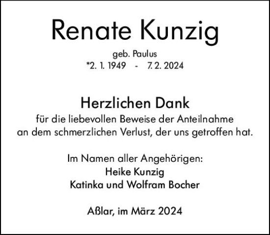 Traueranzeige von Renate Kunzig von Wetzlarer Neue Zeitung