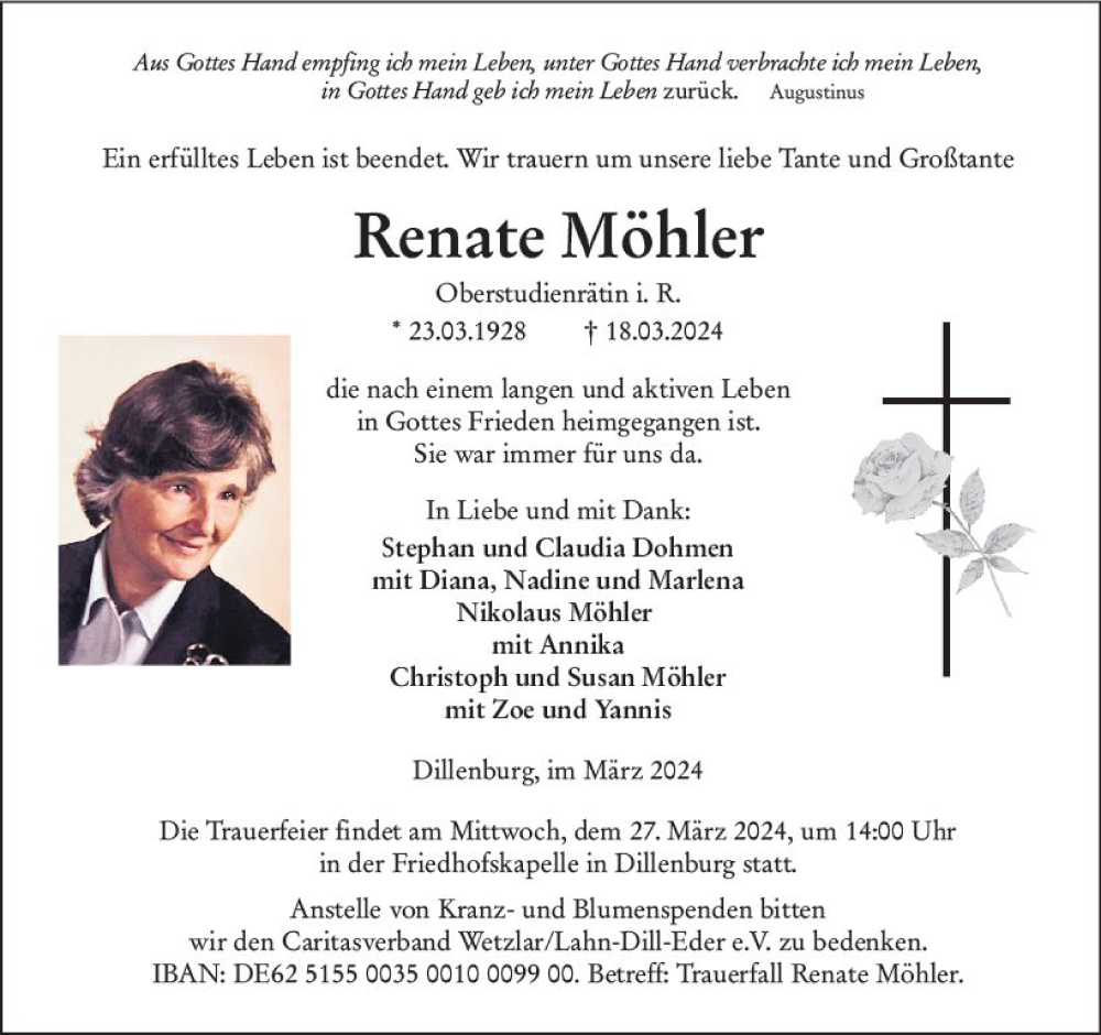  Traueranzeige für Renate Möhler vom 23.03.2024 aus Dill Block