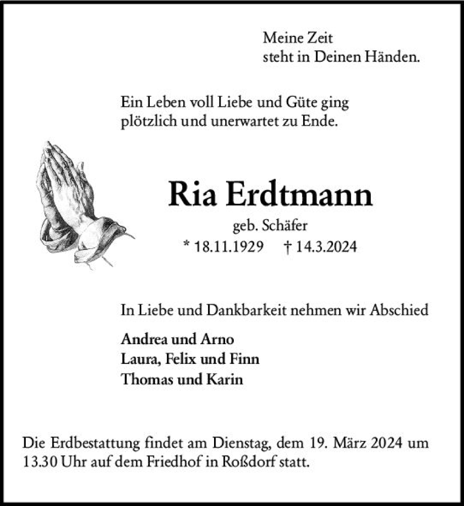  Traueranzeige für Ria Erdtmann vom 16.03.2024 aus Darmstädter Echo