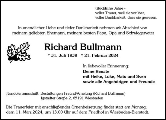 Traueranzeige von Richard Bullmann von Wiesbadener Kurier