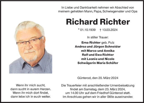 Traueranzeige von Richard Richter von Hinterländer Anzeiger