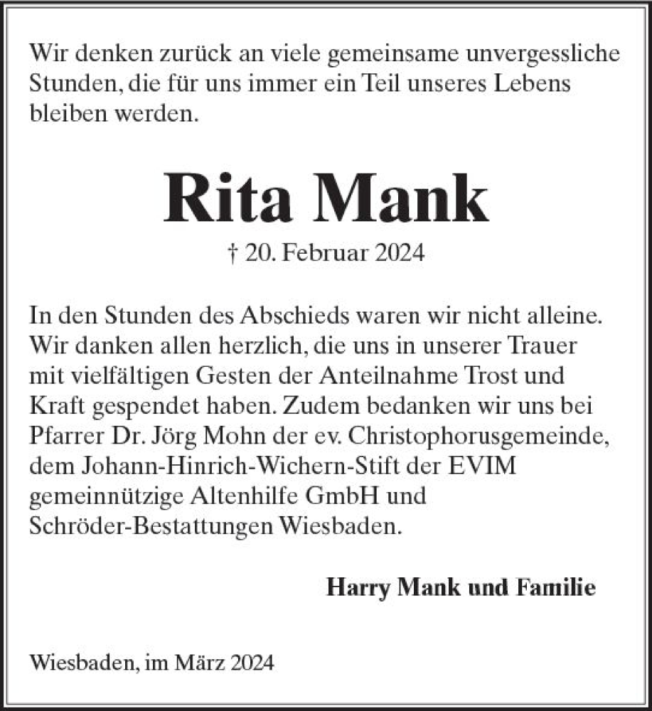  Traueranzeige für Rita Mank vom 16.03.2024 aus Wiesbadener Kurier