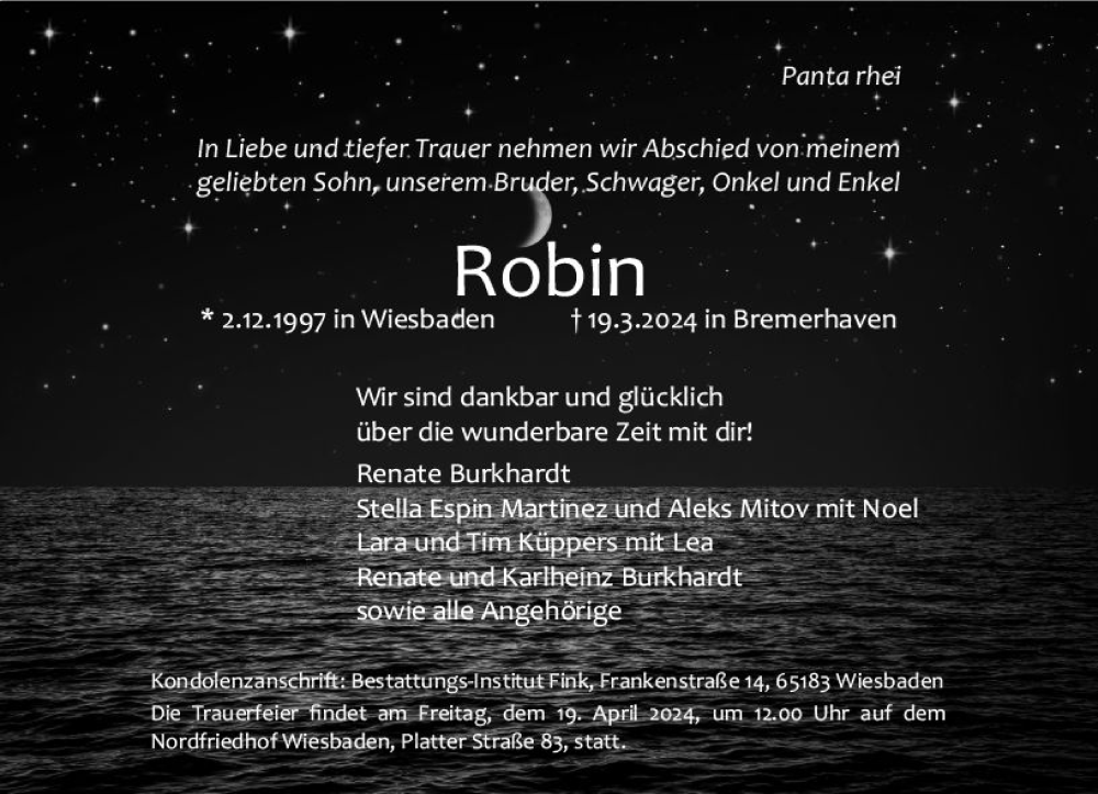  Traueranzeige für Robin Maul vom 30.03.2024 aus Wiesbadener Kurier