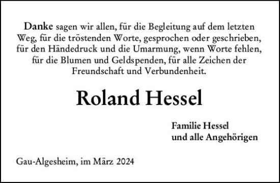 Traueranzeige von Roland Hessel von Allgemeine Zeitung Bingen/Ingelheim