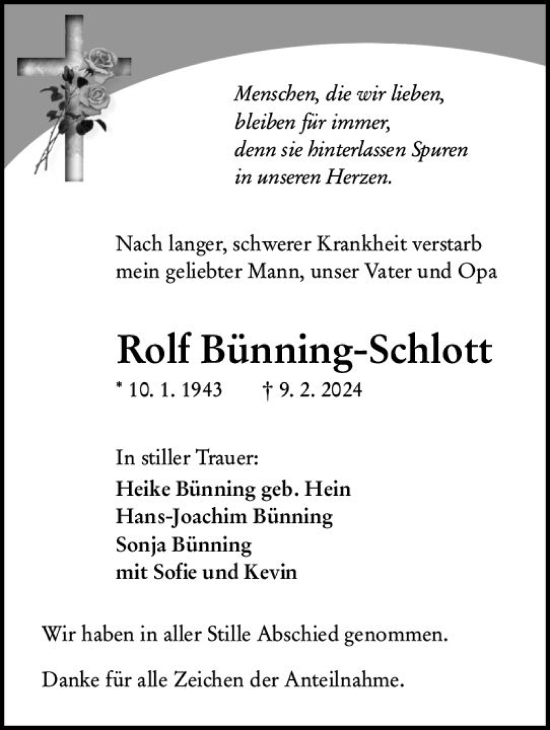 Traueranzeige von Rolf Bünning-Schlott von Wetzlarer Neue Zeitung