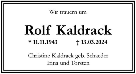 Traueranzeige von Rolf Kaldrack von Allgemeine Zeitung Mainz