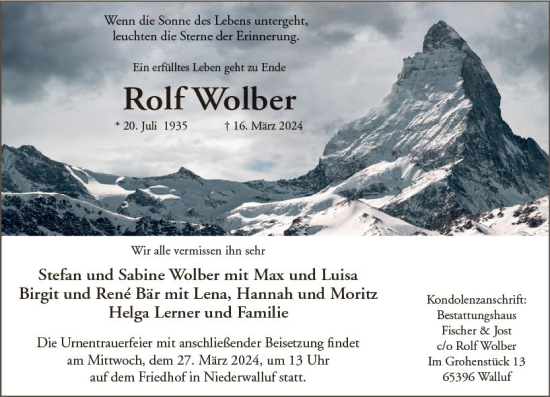 Traueranzeige von Rolf Wolber von Wiesbadener Kurier