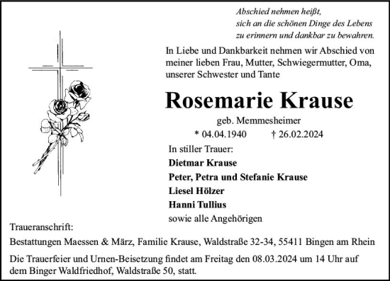 Traueranzeige von Rosemarie Krause von Allgemeine Zeitung Bad Kreuznach