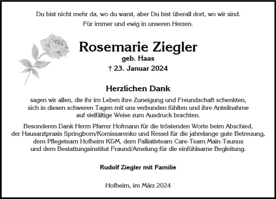Traueranzeige von Rosemarie Ziegler von Wiesbadener Kurier