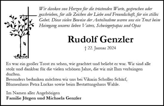 Traueranzeige von Rudolf Genzler von Allgemeine Zeitung Bingen/Ingelheim