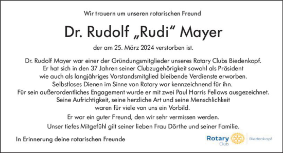 Traueranzeige von Rudolf Mayer von Hinterländer Anzeiger