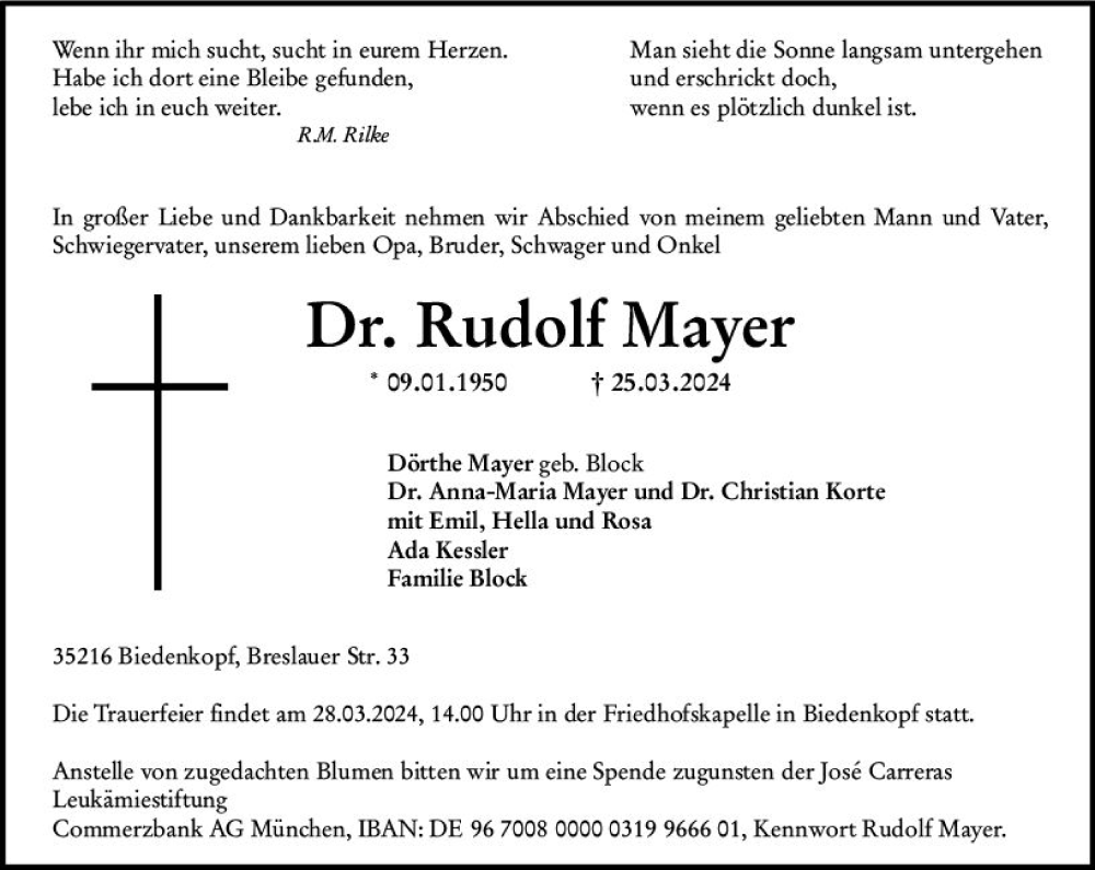  Traueranzeige für Rudolf Mayer vom 26.03.2024 aus Hinterländer Anzeiger