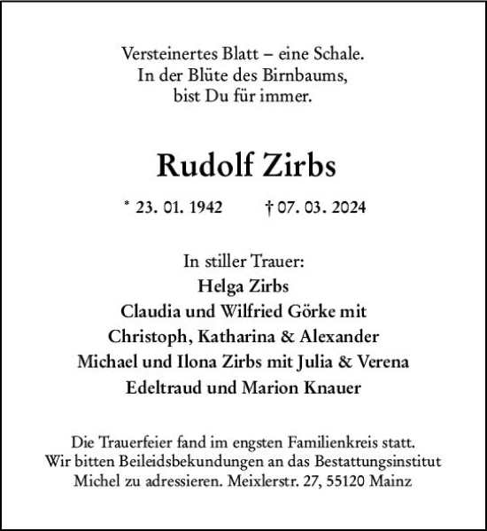 Traueranzeige von Rudolf Zirbs von Allgemeine Zeitung Mainz