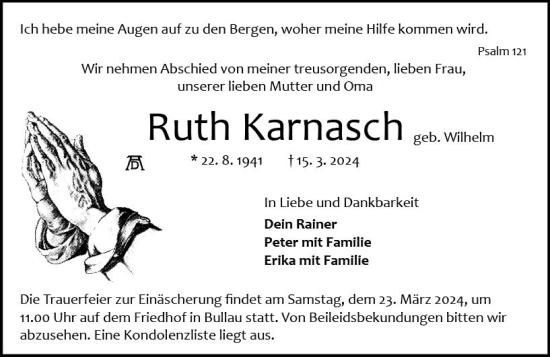 Traueranzeige von Ruth Karnasch von Odenwälder Echo