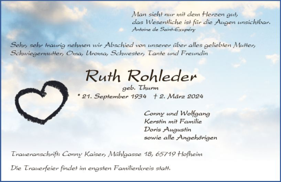 Traueranzeige von Ruth Rohleder von Allgemeine Zeitung Mainz