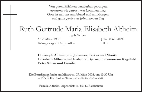 Traueranzeige von Ruth Gertrude Maria Elisabeth Altheim von Wiesbadener Kurier