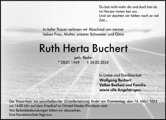 Traueranzeige von Ruth Herta Buchert von Wormser Zeitung