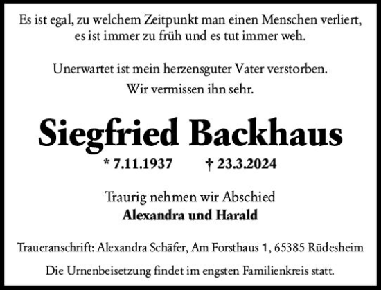 Traueranzeige von Siegfried Backhaus von Wiesbadener Kurier