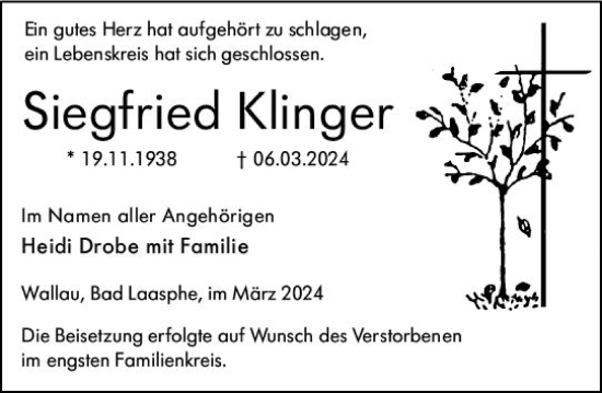 Traueranzeige von Siegfried Klinger von Hinterländer Anzeiger