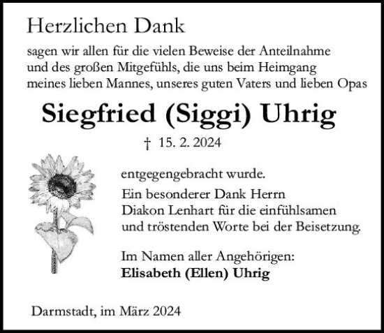 Traueranzeige von Siegfried Uhrig von Darmstädter Echo