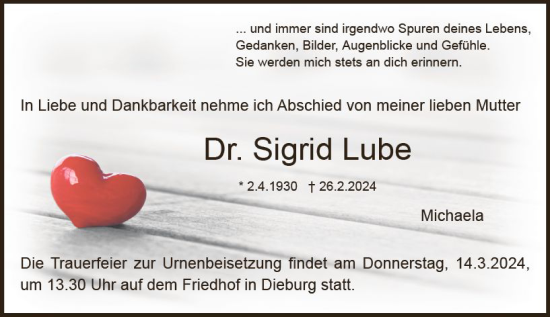 Traueranzeige von Sigrid Lube von Dieburger Anzeiger/Groß-Zimmerner Lokal-Anzeiger