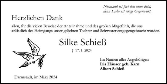 Traueranzeige von Silke Schieß von Darmstädter Echo