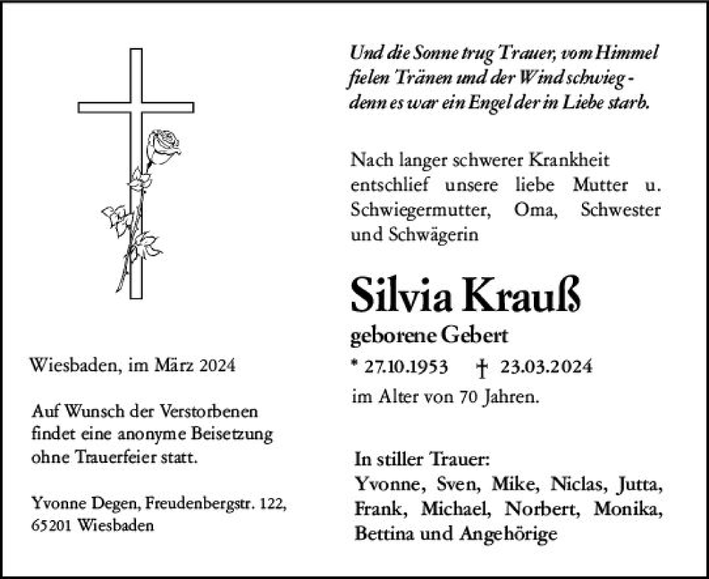  Traueranzeige für Silvia Krauß vom 30.03.2024 aus Wiesbadener Kurier