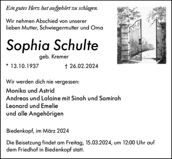 Traueranzeige von Sophia Schulte von Hinterländer Anzeiger