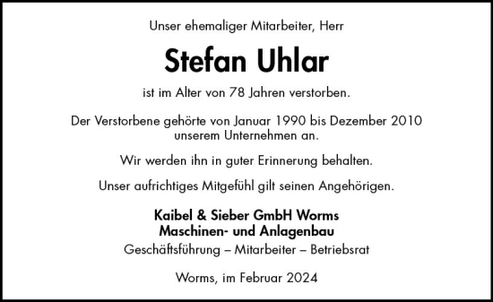 Traueranzeige von Stefan Uhlar von Wormser Zeitung