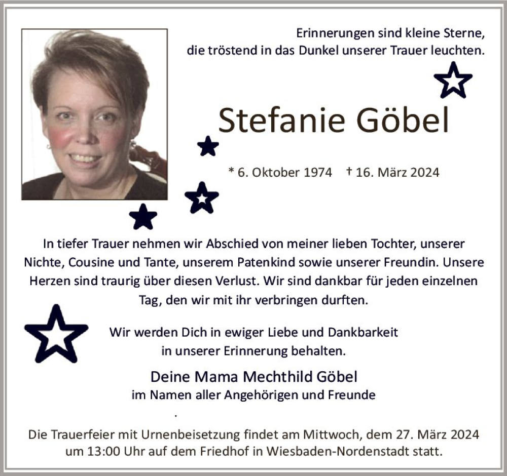  Traueranzeige für Stefanie Göbel vom 23.03.2024 aus Wiesbadener Kurier