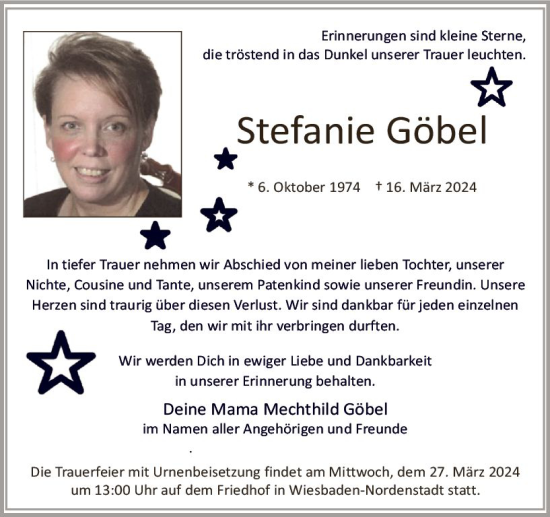 Traueranzeige von Stefanie Göbel von Wiesbadener Kurier