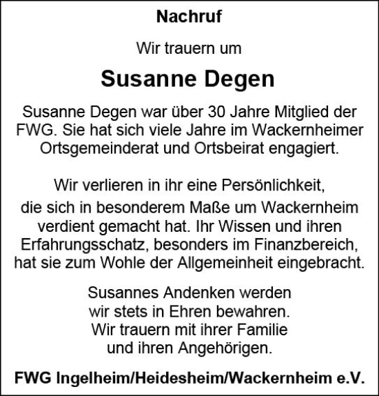 Traueranzeige von Susanne Degen von Allgemeine Zeitung Bingen/Ingelheim