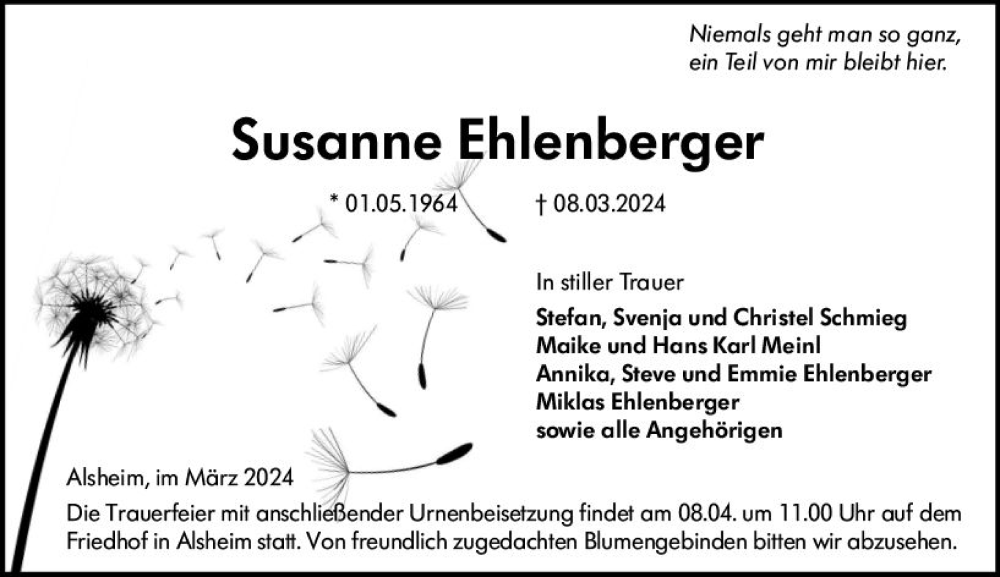  Traueranzeige für Susanne Ehlenberger vom 23.03.2024 aus Wormser Zeitung