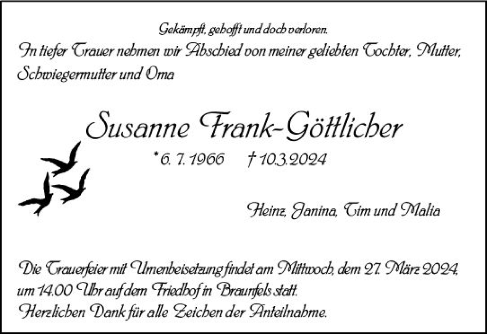  Traueranzeige für Susanne Frank-Göttlicher vom 23.03.2024 aus Wetzlarer Neue Zeitung