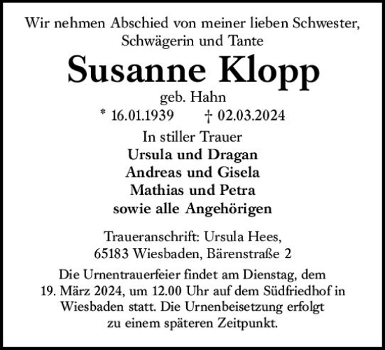 Traueranzeige von Susanne Klopp von Wiesbadener Kurier