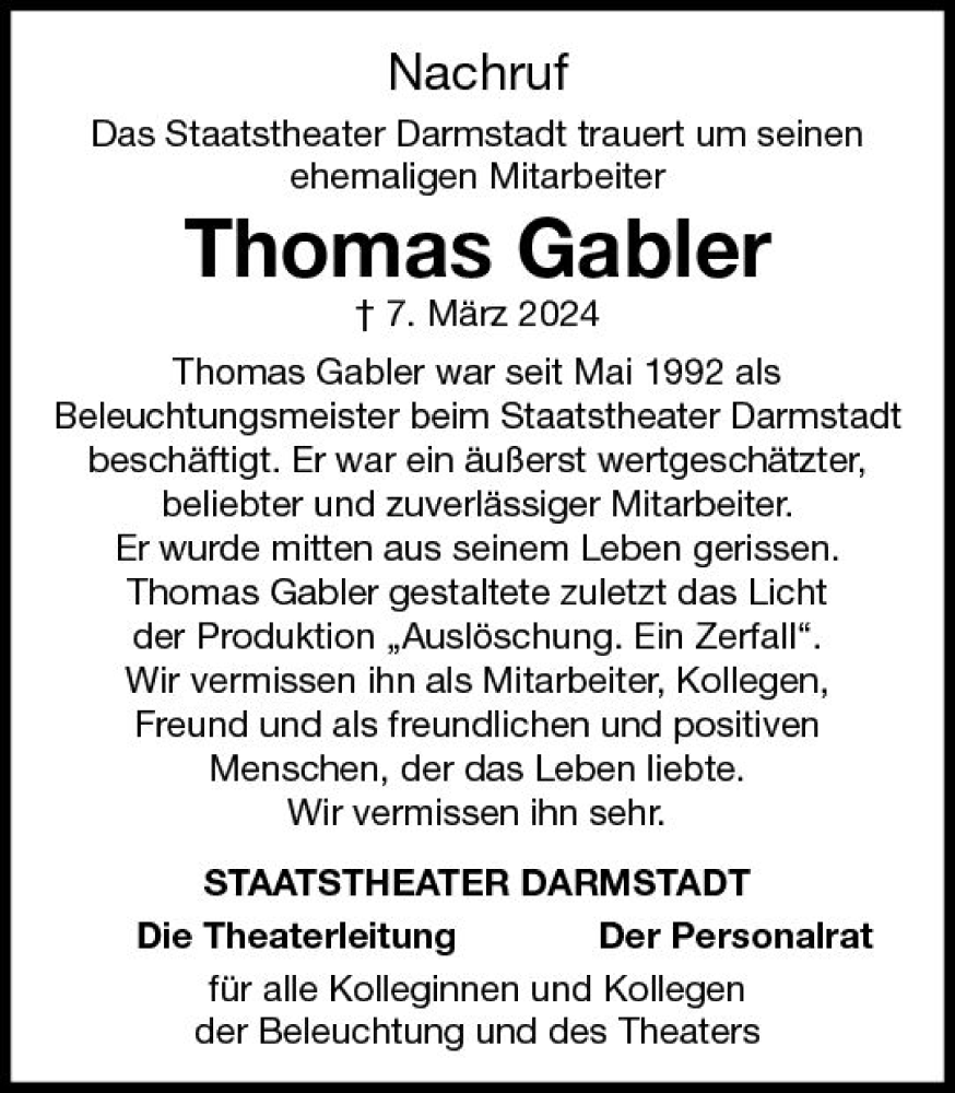 Traueranzeige für Thomas Gabler vom 23.03.2024 aus Darmstädter Echo