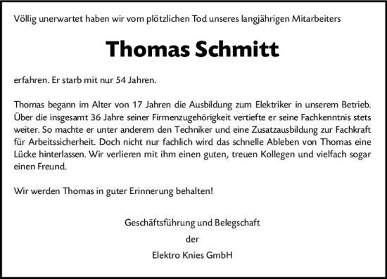 Traueranzeige von Thomas Schmitt von Wormser Zeitung