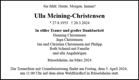 Traueranzeige von Ulla Meining-Christensen von Rüsselsheimer Echo
