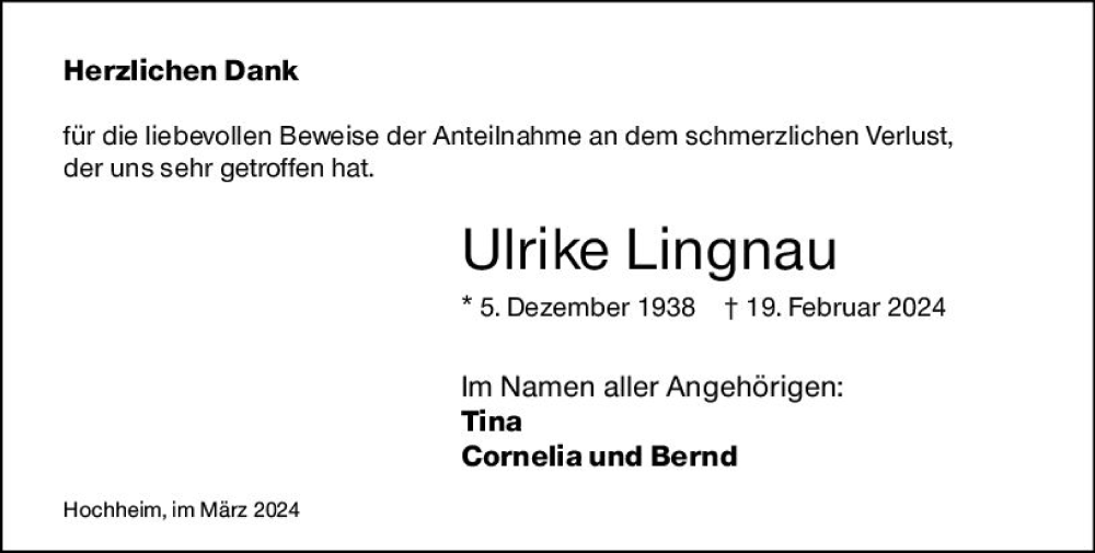  Traueranzeige für Ulrike Lingnau vom 08.03.2024 aus Hochheimer Zeitung