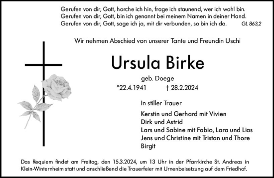 Traueranzeige von Ursula Birke von Allgemeine Zeitung Mainz