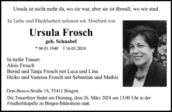 Traueranzeige von Ursula Frosch von Allgemeine Zeitung Bingen/Ingelheim