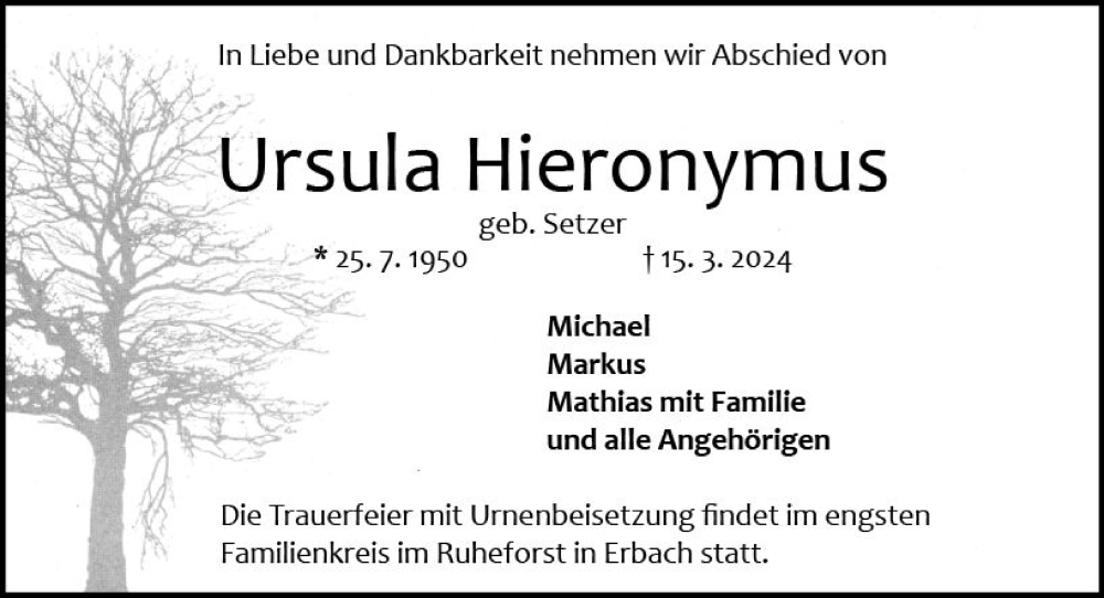  Traueranzeige für Ursula Hieronymus vom 30.03.2024 aus Odenwälder Echo