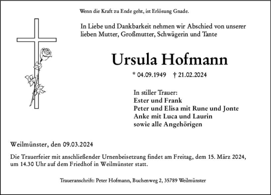 Traueranzeige von Ursula Hofmann von Weilburger Tageblatt